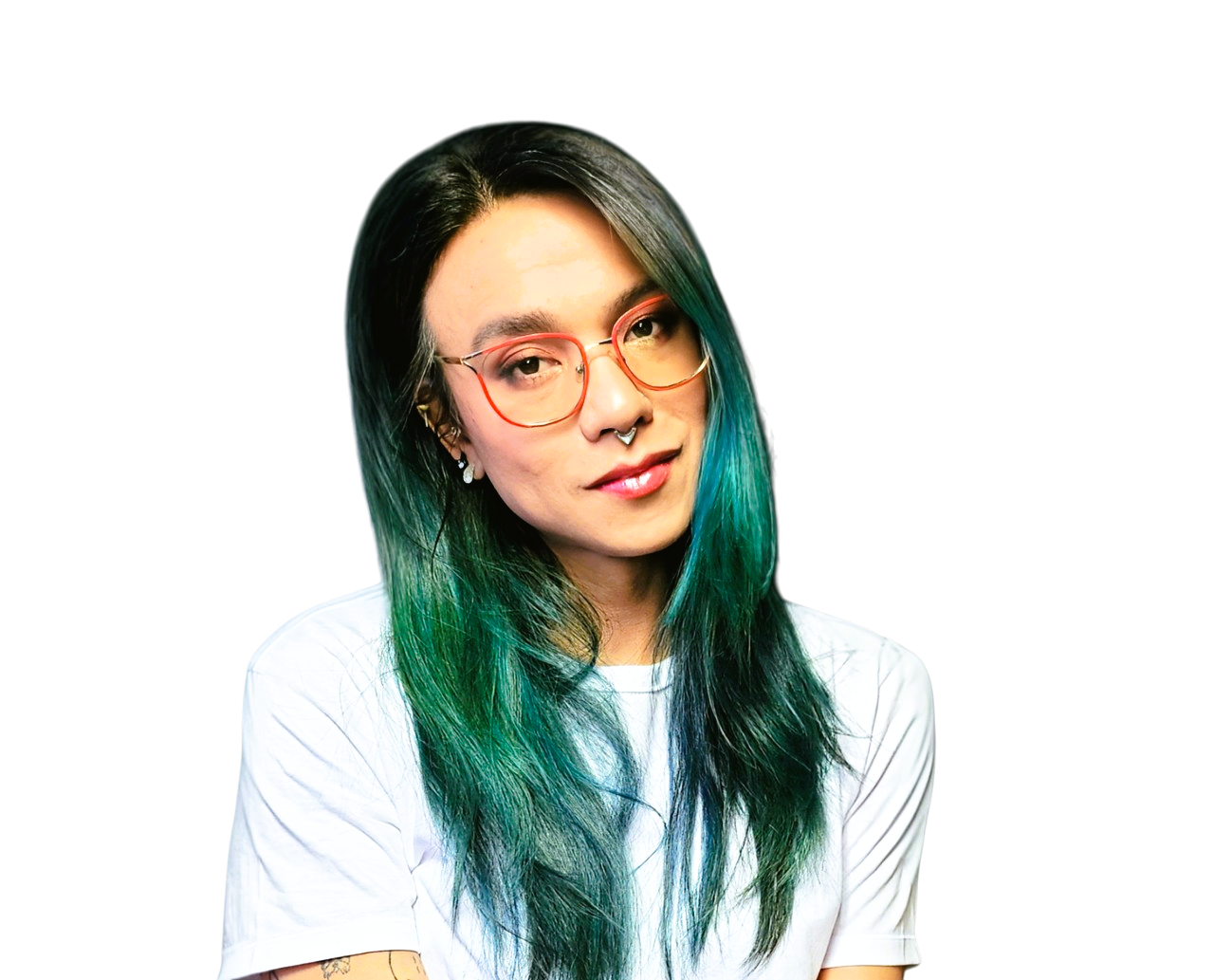 imagem de perfil, mulher amarela com cabelo verde e camiseta branca